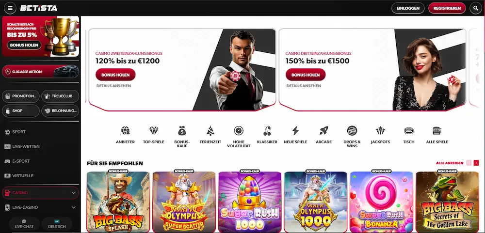 Betista Casino platform showing crypto withdrawals and Sofort banking for German players